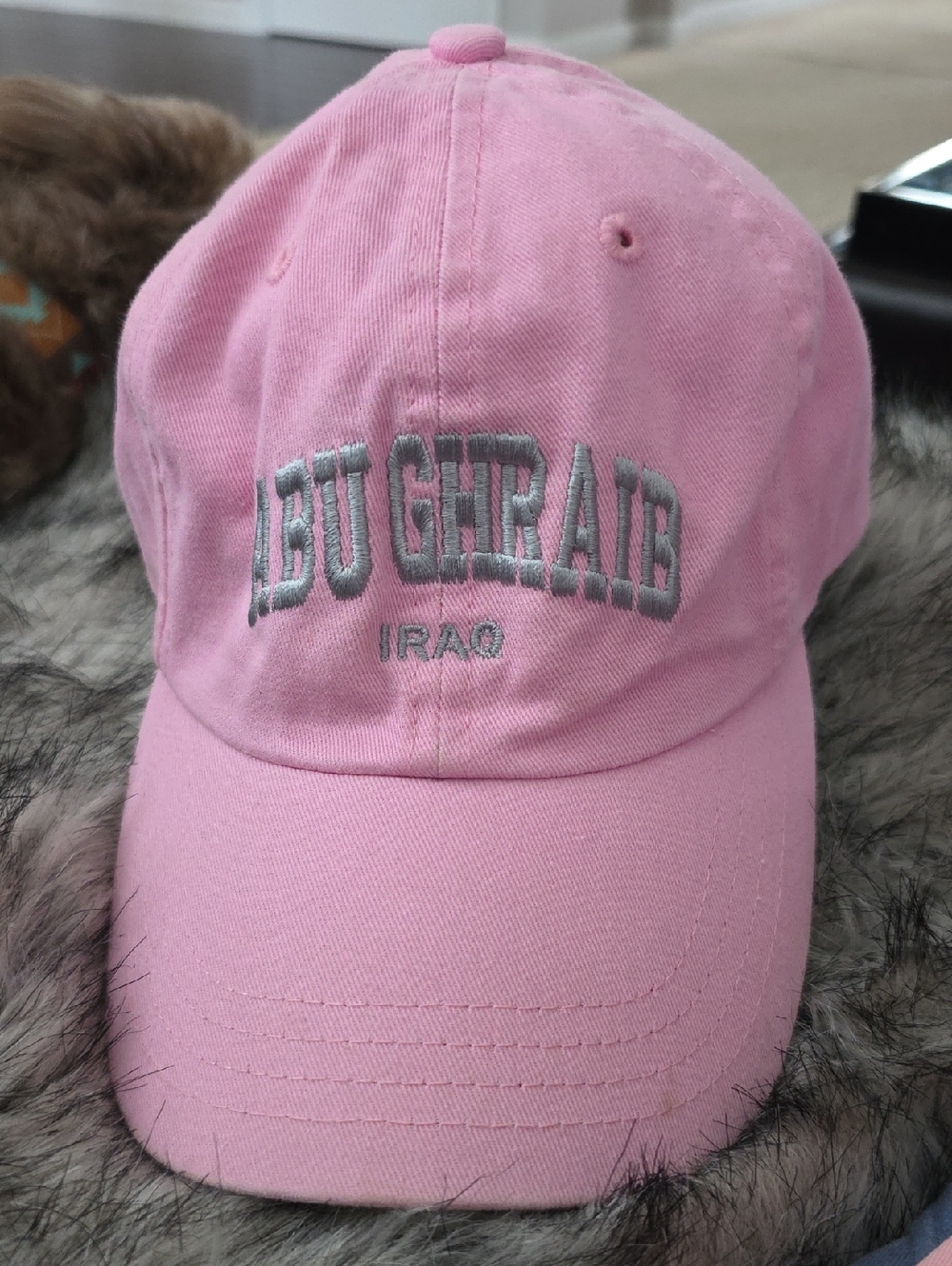 Pink Women's Baseball Cap with 'Abu Ghraib Iraq' Embroidery